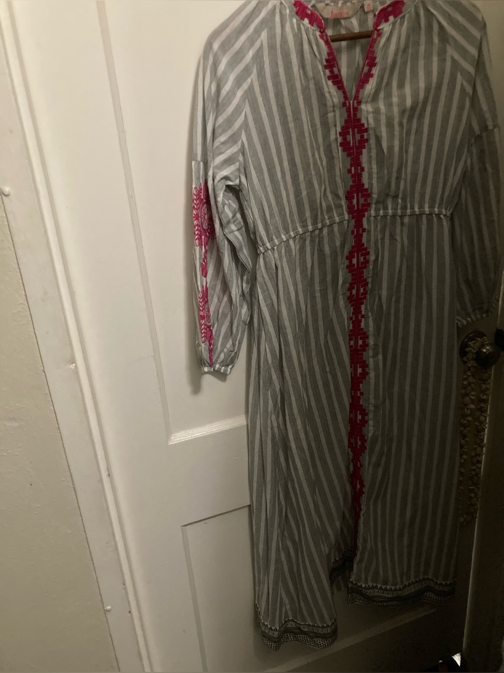 Fusion medium cotton Striped embroidered Maxi Dress with Pink Embroidered Trim